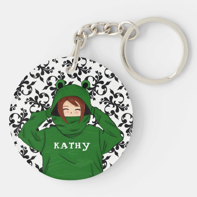 Niedliches Mädchen mit Green Frog Hoody Zeichnend Schlüsselanhänger (Rückseite)