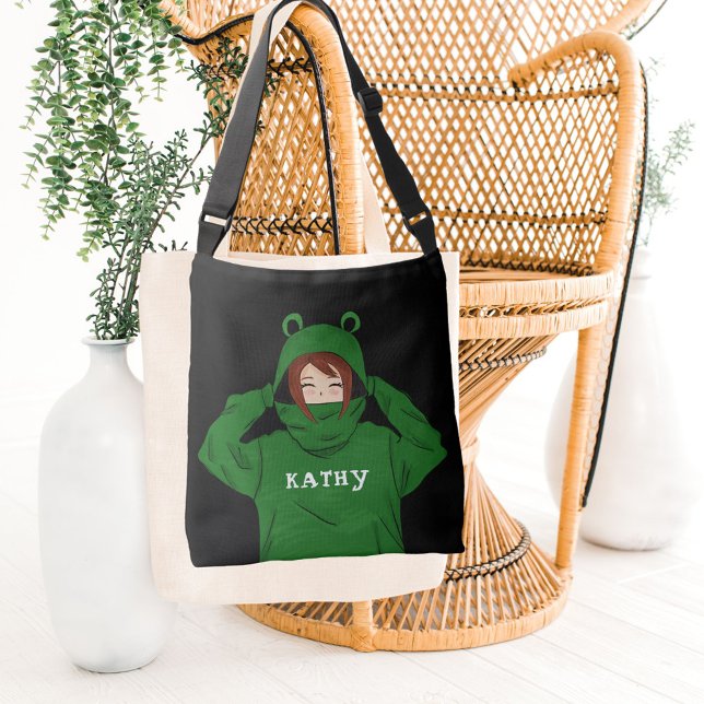 Niedliches Mädchen mit Green Frog Hoody Zeichnend  Tragetaschen Mit Langen Trägern (Von Creator hochgeladen)