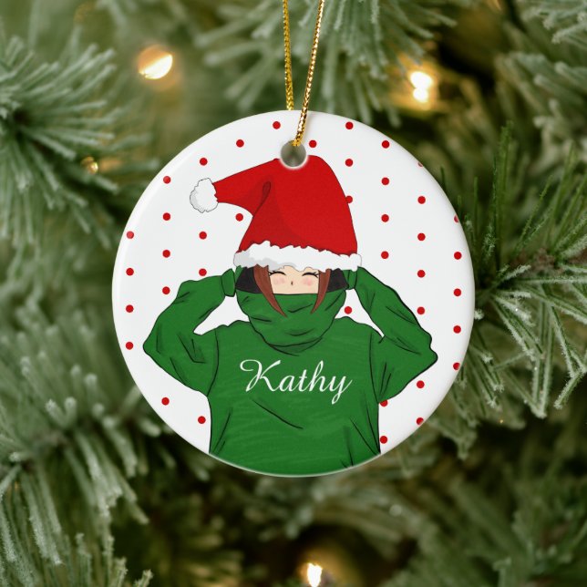 Niedliches Mädchen mit Grünen Weihnachtsmannmütze  Keramik Ornament (Baum)