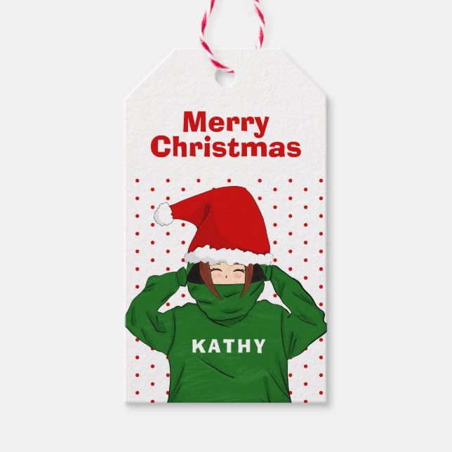 Niedliches Mädchen mit grüner Hoodie Weihnachtsman Geschenkanhänger (Vorderseite)