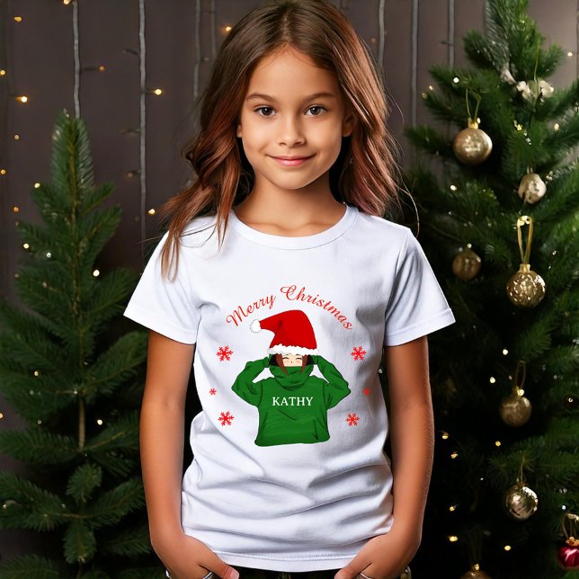 Niedliches Mädchen mit grüner Hoodie Weihnachtsman T-Shirt (Von Creator hochgeladen)