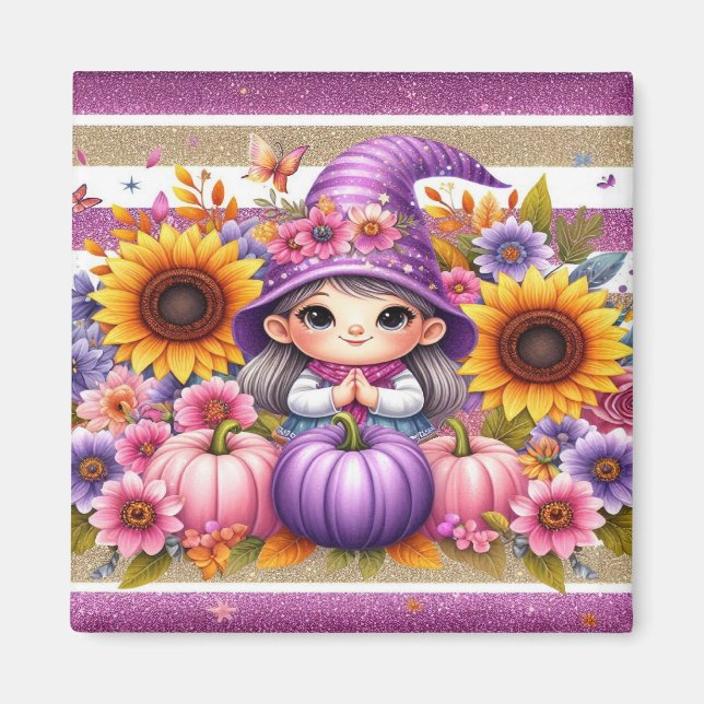Niedliches Mädchen mit Hut mit bunten Blume, Pumpk Magnet (Vorne)