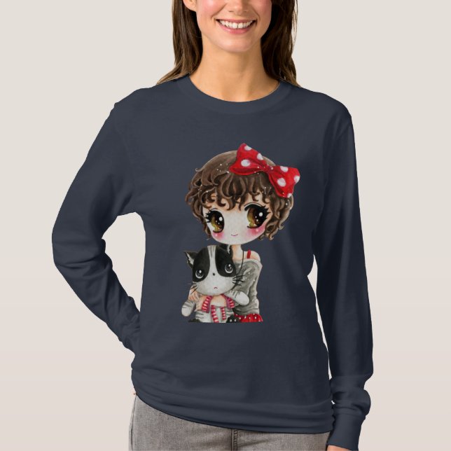 Niedliches Mädchen mit kawaii schwarzer Katze T-Shirt (Vorderseite)