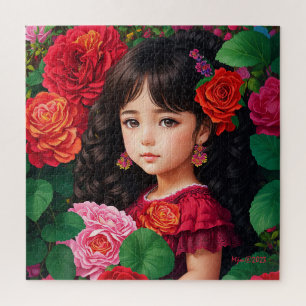 Niedliches Mädchen mit rosa Rosa-Blume