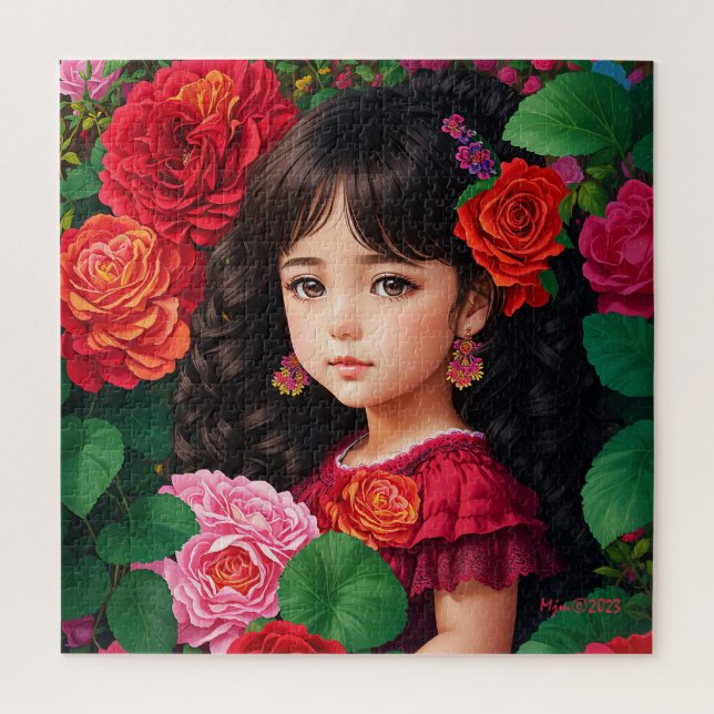 Niedliches Mädchen mit rosa Rosa-Blume (Vertikal)