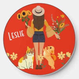 Niedliches Mädchen mit Sonnenblumen Katze & Hund
