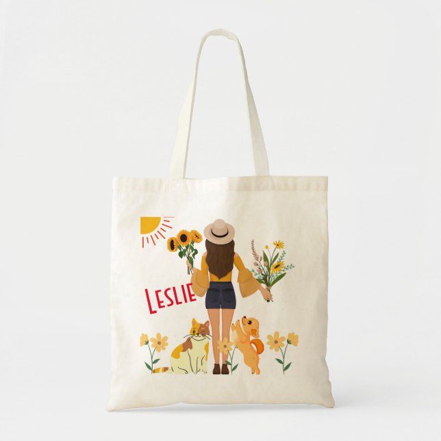 Niedliches Mädchen mit Sonnenblumen Katze & Hund Tragetasche (Vorne)