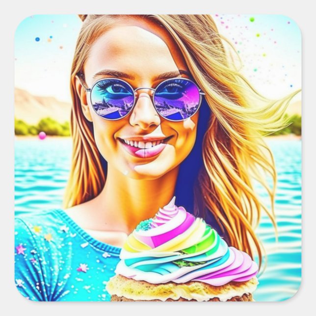 Niedliches Mädchen mit Sonnenbrille Holding Cupcak Quadratischer Aufkleber (Vorderseite)
