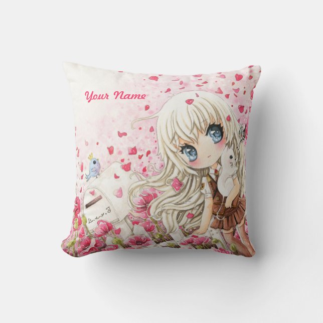 Niedliches Mädchen mit weißer Katze auf rosa Kissen (Vorderseite)