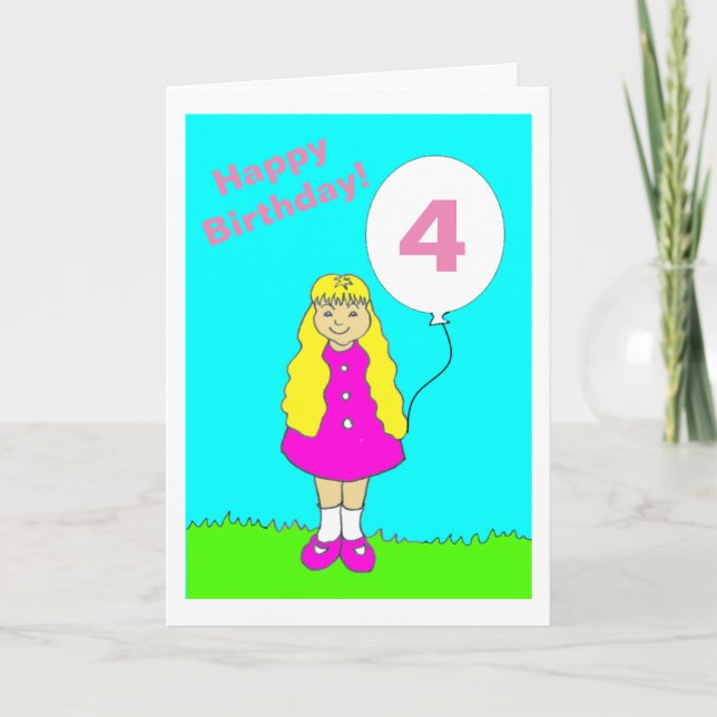 Niedliches Mädchen Pink 4 Geburtstag Karte (Vorderseite)