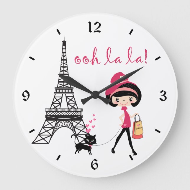 Niedliches Mädchen, Schwarze Katze mit Eiffelturm  Große Wanduhr (Vorderseite)