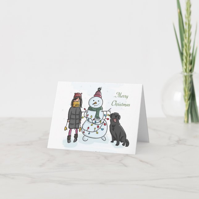 Niedliches Mädchen, Snowman & Hund Weihnachtskarte Feiertagskarte (Vorderseite)