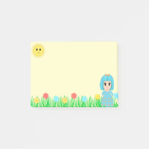 Niedliches Mädchen, Sonne, Blume und Gras Post-it Klebezettel