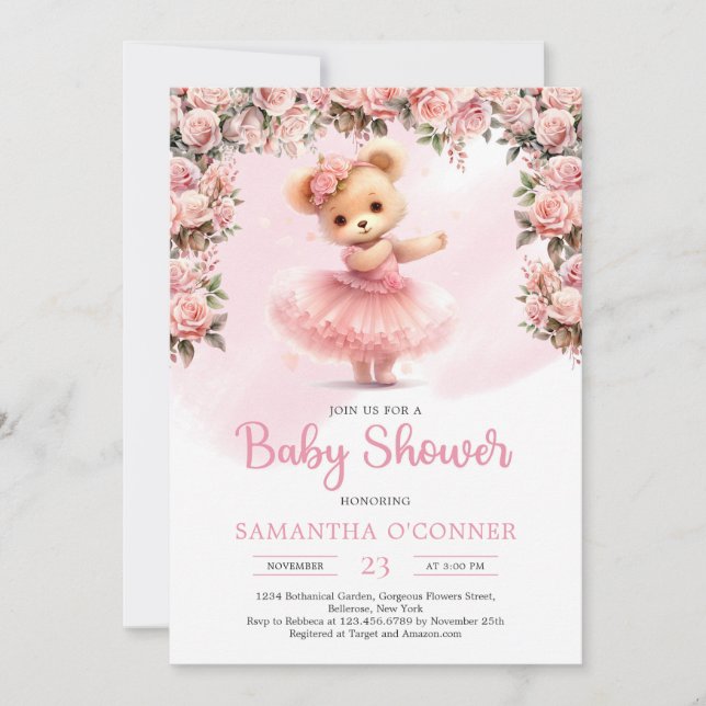 Niedliches Mädchen Teddy Bär Tutu Ballerina Rose Einladung (Vorderseite)