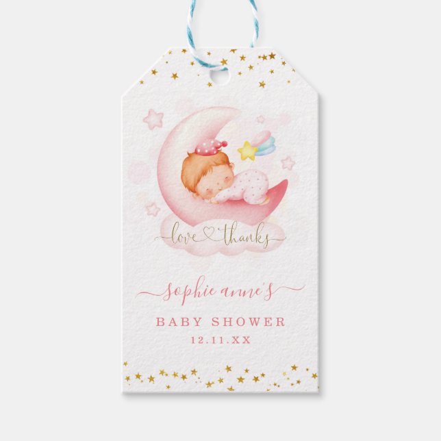 Niedliches Mädchen über der Mond Babydusche Geschenkanhänger (Vorderseite)