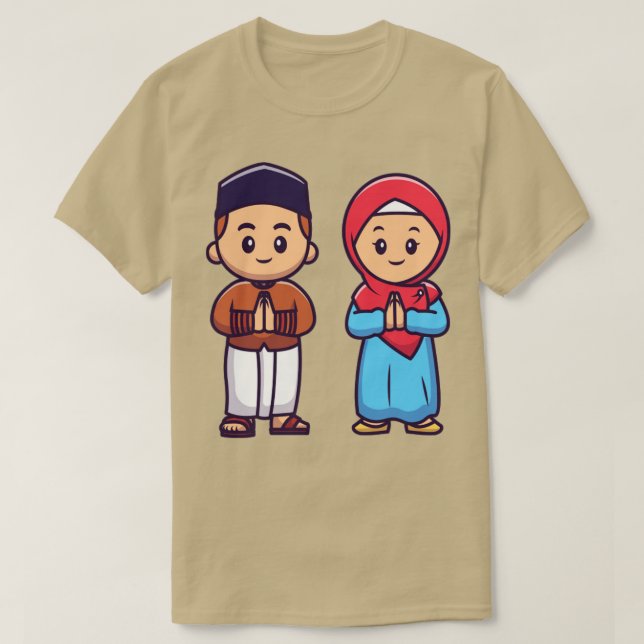 Niedliches Mädchen und Junge Moslem feiern Ied Mub T-Shirt (Design vorne)