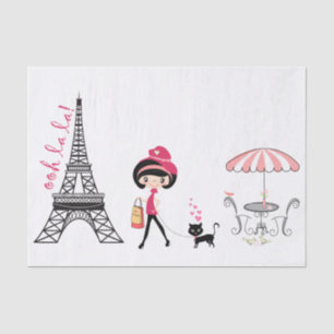 Niedliches Mädchen und Katze Eiffelturm Paris Seidenpapier