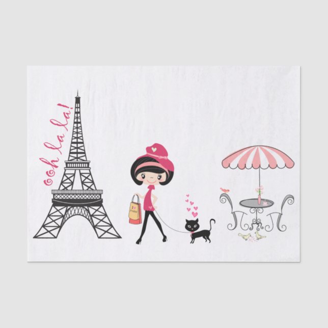 Niedliches Mädchen und Katze Eiffelturm Paris Seidenpapier (Vorderseite)