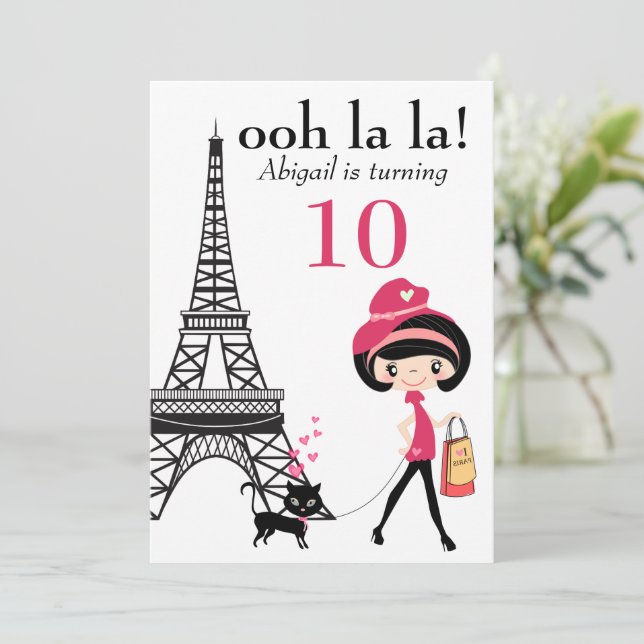 Niedliches Mädchen und Katze Paris Eiffelturm Gebu Einladung (Stehend Vorderseite)