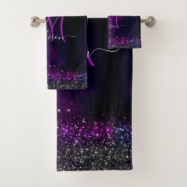 Niedliches Magenta Glitzer Monogramm Badhandtuch Set (Insitu)