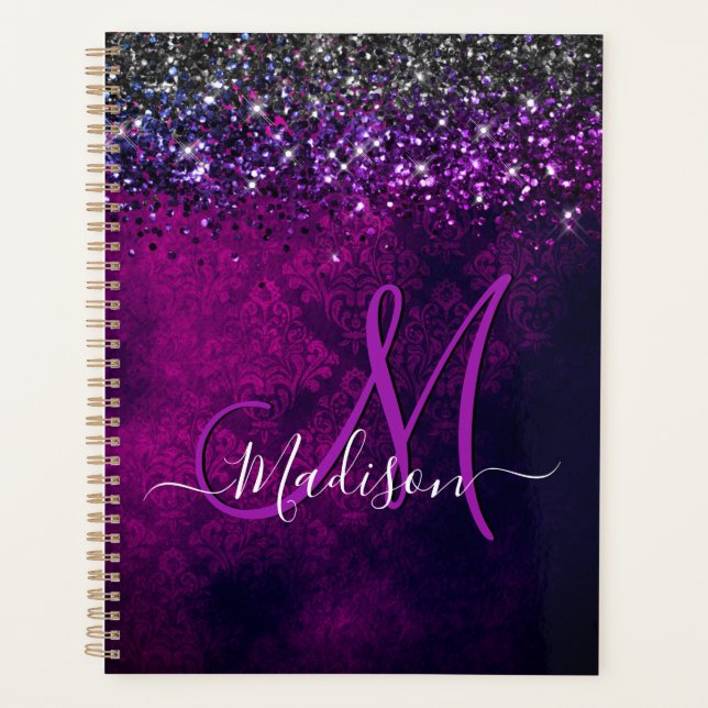 Niedliches Magenta Glitzer Monogramm Planer (Vorderseite)