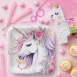 Niedliches magisches Einhorn Pappteller<br><div class="desc">Niedliches Aquarell mit rosa Blume, Blumendekorationen.</div>