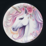 Niedliches magisches Einhorn Pappteller<br><div class="desc">Niedliches Aquarell mit rosa Blume, Blumendekorationen.</div>
