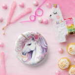 Niedliches magisches Einhorn Pappteller<br><div class="desc">Niedliches Aquarell mit rosa Blume, Blumendekorationen.</div>