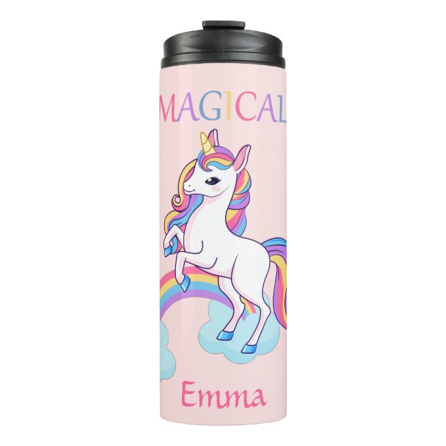 Niedliches magisches Einhorn und Regenbogenrosa Thermosbecher (Vorderseite)