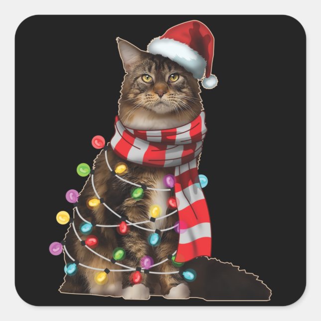 Niedliches Maine Coon Cat Funny Xmas Weihnachtsges Quadratischer Aufkleber (Vorderseite)
