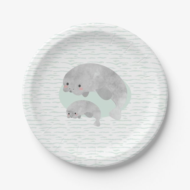 Niedliches Mama & Baby Manatee mit Waves Baby Dusc Pappteller (Vorderseite)