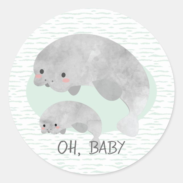 Niedliches Mama & Baby Manatee mit Waves Baby Dusc Runder Aufkleber (Vorderseite)