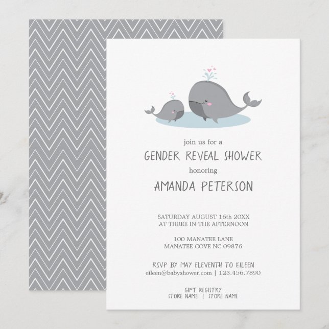 Niedliches Mama & Baby Whales Blue Zickzack Gender Einladung (Vorne/Hinten)