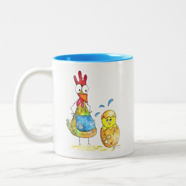 Niedliches Mama-Hühnchen mit Baby Zweifarbige Tasse (Links)