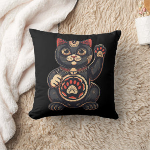 niedliches Maneki Neko Katzenaufdruck auf Japanisc Kissen