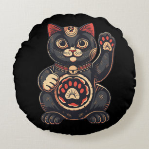niedliches Maneki Neko Katzenaufdruck auf Japanisc Rundes Kissen