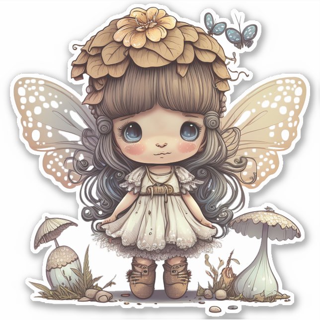 Niedliches Märchen mit Pilz und Schmetterlingen Aufkleber (Vorderseite)