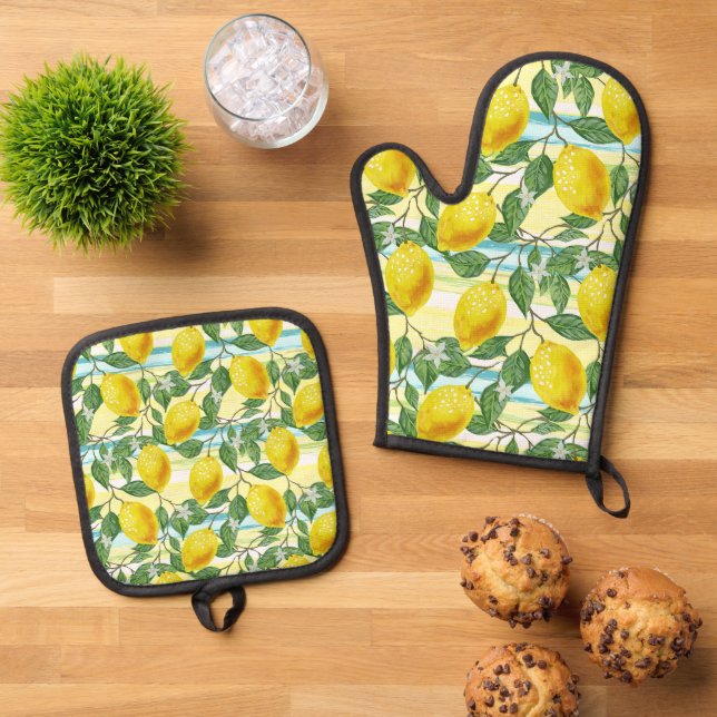 Niedliches mediterranes Sommerlemon Ofenhandschuh & Topflappen-Set (Oben Unten)