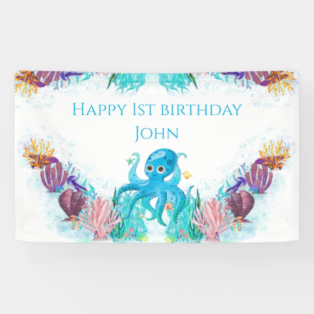 Niedliches Meer Octopus bunt Happy Birthday B Banner (Horizontal)