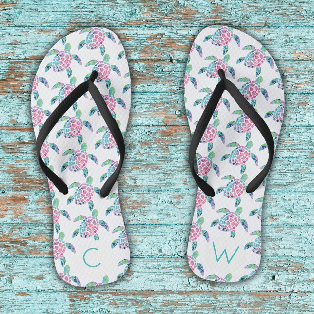 Niedliches Meeresschildkrötenmuster Mit Monogramm  Flip Flops (Von Creator hochgeladen)