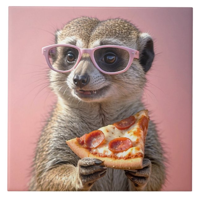 Niedliches Meerkat mit Brille und Pizza Fliese (Vorderseite)
