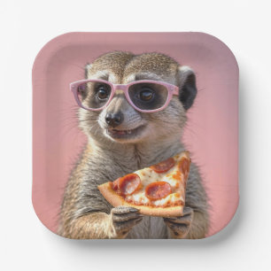 Niedliches Meerkat mit Brille und Pizza Pappteller