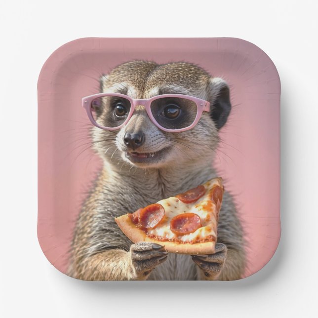 Niedliches Meerkat mit Brille und Pizza Pappteller (Vorderseite)