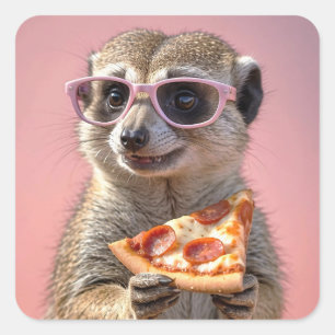 Niedliches Meerkat mit Brille und Pizza Quadratischer Aufkleber
