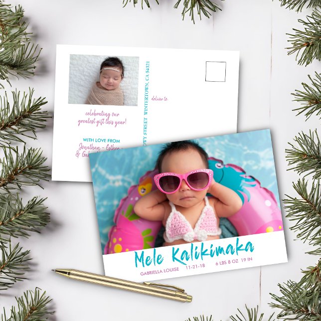 Niedliches Mele Kalikimaka Feiertagspostkarte (Cute Mele Kalikimaka Christmas Baby Holiday Photo Postcard)