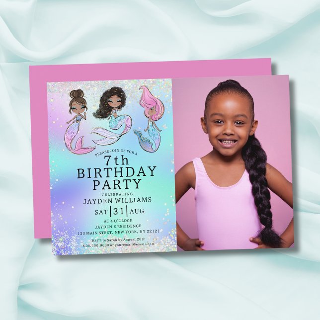 Niedliches Mermaid Birthday Black Hair Girl Foto Einladung (Von Creator hochgeladen)