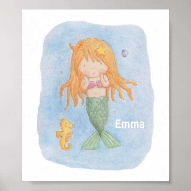 Niedliches Mermaid Girl and Seepferd Print Poster (Vorne)