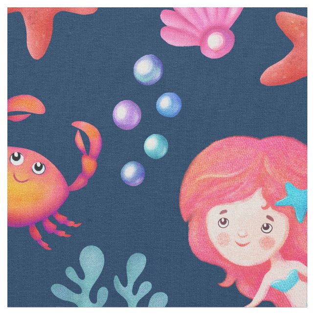 Niedliches Mermaid-Muster Unterwasserthemenprogram Stoff (Nahaufnahme)