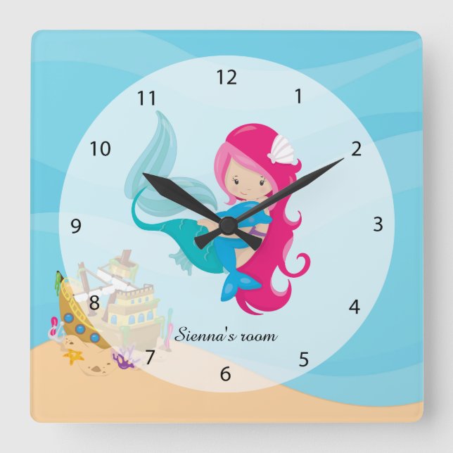 Niedliches Mermaid Quadratische Wanduhr (Vorderseite)