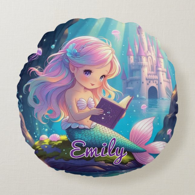 Niedliches Mermaid Reading Round Pillow Rundes Kissen (Vorderseite)
